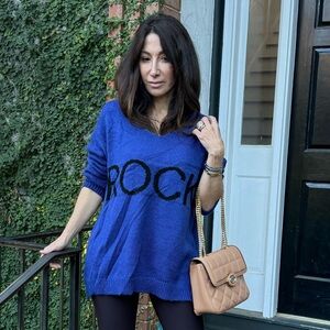 ShopEvelynne Blue Sweater with Black Lettering One Size Made in Italy